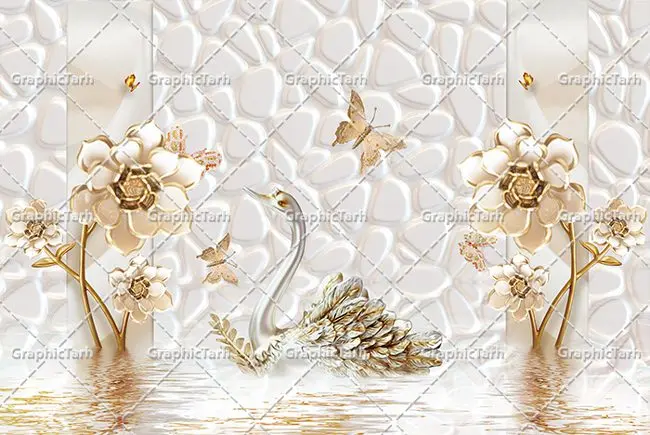 طرح کاغذ دیواری قو و گل طلایی