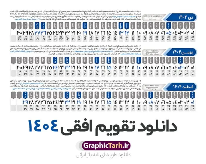 طرح تقویم افقی 1404 خام و قابل ویرایش طرح تقویم افقی 1404 خام و قابل ویرایش | فایل طرح تقویم افقی سال 1404 بصورت لایه باز و قابل ویرایش از موسسه ژئوفیزیک دانشگاه تهران دانلود فایل طرح تقویم افقی لایه باز سال 1404 قابل ویرایش و آماده قالب جدول خام تقویم خطی سال ۱۴۰۴ خام با فرمت PSD با قابلیت ویرایش در فتوشاپ همراه با تمامی تعطیلات رسمی و مناسب ها تقویم لایه باز 1404 خطی جدول تقویم 1404 بصورت خطی برای هر ماه بصورت مجزا جهت استفاده شما مشترک گرامی و مدیریت زمان، طراحی شده است، فایل تقویم سال هزار و چهارصد و چهار هجری شمسی مناسب برای استفاده در تقویم دیواری و تقویم رومیزی می باشد. طرح تقویم سال ۱۴۰۴ که هر فصل دارای رنگ مناسب است. طرح جدول تقویم افقی سال 1404 لایه باز و با قابلیت ویرایش طرح تقویم خام 1404 لایه باز با فرمت psd و قابل ویرایش در فتوشاپ ، با رزولوشن 300 و قابل تغییر سایز است. تقویم سال 1404 بصورت 12 فایل که برای هر ماه است. فایل تقویم خام سال 1404 هجری شمسی مناسب برای استفاده در تقویم دیواری و تقویم رومیزی سال 1404 و ... می باشد. نمونه فایل خام تقویم افقی سال 1404 شما می توانید با خرید اشتراک نمونه طرح تقویم 1404 را بصورت رایگان و با کیفیت چاپی دانلود کنید. گرافیک طرح مرجع تخصصی طرح های لایه باز با کیفیت و ایرانی جهت اطلاع از جدیدترین طرح های سایت و دانلود رایگان ، در کانال تلگرام گرافیک طرح عضو شوید. دانلود تقویم لایه باز سال 1404 تقویم لایه باز سال 1404 ، چندین بار ویرایش شده است و جهت اطمینان خاطر بیشتر می توانید به سایت : مرکز تقویم موسسه ژئوفیزیک دانشگاه تهران به آدرس « www.calendar.ut.ac.ir » مراجعه و فایل pdf تقویم 1404 را دریافت و بررسی نمایید. لطفا قبل از چاپ در تعداد بالا ، تقویم را کامل بررسی و سپس اقدام به چاپ کنید. در صورت بروز اشتباه در تقویم ، هیچ مسئولیتی متوجه گرافیک طرح نمی باشد. دانلود رایگان تقویم 1404 , جدول تقویم 404 , دانلود تقویم ۱۴۰۴, تقویم افقی 1404 , psd تقویم 1404 , تقویم 404 psd , تقویم 1404 , تقویم سال 1404 psd , دانلود تقویم سال ۱۴۰۴ , دانلود تقویم 404 , تقویم رومیزی ۱۴۰۴ , تقویم دیواری ۱۴۰۴ , قالب تقویم psd ۱۴۰۴ و لایه باز , تقویم | دانلود تقویم لایه باز سال 1404 هجری شمسی فایل خام تقویم سال 1404 قالب تقویم سال ۱۴۰۴ , تقویم دیواری , دانلود رایگان تقویم , دانلود جدول تقویم 1404 , فایل آماده تقویم رومیزی ۱۴۰۴ لایه باز و psd دانلود تقویم سال 04 با فرمت psd قابل ویرایش در فتوشاپ , تقویم خطی 1404 , جدول تقویم سال 1404 فتوشاپ