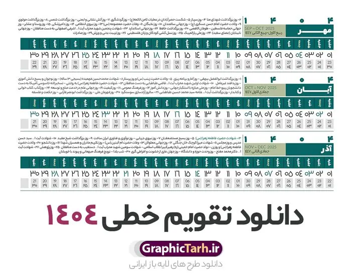 طرح تقویم خطی 1404 طرح تقویم خطی 1404 | فایل طرح تقویم افقی سال 1404 بصورت لایه باز و قابل ویرایش از موسسه ژئوفیزیک دانشگاه تهران دانلود فایل طرح تقویم خطی لایه باز سال 1404 قابل ویرایش و آماده قالب جدول خام تقویم افقی سال ۱۴۰۴ خام با فرمت PSD با قابلیت ویرایش در فتوشاپ همراه با تمامی تعطیلات رسمی و مناسب ها تقویم لایه باز 1404 خطی جدول تقویم 1404 بصورت خطی برای هر ماه بصورت مجزا جهت استفاده شما مشترک گرامی و مدیریت زمان، طراحی شده است، فایل تقویم سال هزار و چهارصد و چهار هجری شمسی مناسب برای استفاده در تقویم دیواری و تقویم رومیزی می باشد. طرح تقویم سال ۱۴۰۴ که هر فصل دارای رنگ مناسب است. طرح جدول تقویم خطی سال 1404 لایه باز و با قابلیت ویرایش طرح تقویم خام 1404 لایه باز با فرمت psd و قابل ویرایش در فتوشاپ ، با رزولوشن 300 و قابل تغییر سایز است. تقویم سال 1404 بصورت 12 فایل که برای هر ماه است. فایل تقویم خام سال 1404 هجری شمسی مناسب برای استفاده در تقویم دیواری و تقویم رومیزی سال 1404 و ... می باشد. نمونه فایل خام تقویم افقی سال 1404 شما می توانید با خرید اشتراک نمونه طرح تقویم 1404 را بصورت رایگان و با کیفیت چاپی دانلود کنید. گرافیک طرح مرجع تخصصی طرح های لایه باز با کیفیت و ایرانی جهت اطلاع از جدیدترین طرح های سایت و دانلود رایگان ، در کانال تلگرام گرافیک طرح عضو شوید. دانلود تقویم لایه باز سال 1404 خطی و افقی تقویم لایه باز سال 1404 ، چندین بار ویرایش شده است و جهت اطمینان خاطر بیشتر می توانید به سایت : مرکز تقویم موسسه ژئوفیزیک دانشگاه تهران به آدرس « www.calendar.ut.ac.ir » مراجعه و فایل pdf تقویم 1404 را دریافت و بررسی نمایید. لطفا قبل از چاپ در تعداد بالا ، تقویم را کامل بررسی و سپس اقدام به چاپ کنید. در صورت بروز اشتباه در تقویم ، هیچ مسئولیتی متوجه گرافیک طرح نمی باشد. دانلود رایگان تقویم 1404 , جدول تقویم 404 , دانلود تقویم ۱۴۰۴, تقویم افقی 1404 , psd تقویم 1404 , تقویم 404 psd , تقویم 1404 , تقویم سال 1404 psd , دانلود تقویم سال ۱۴۰۴ , دانلود تقویم 404 , تقویم رومیزی ۱۴۰۴ , تقویم دیواری ۱۴۰۴ , قالب تقویم psd ۱۴۰۴ و لایه باز , تقویم | دانلود تقویم لایه باز سال 1404 هجری شمسی فایل خام تقویم سال 1404 قالب تقویم سال ۱۴۰۴ , تقویم دیواری , دانلود رایگان تقویم , دانلود جدول افقی تقویم 1404 , فایل آماده تقویم رومیزی ۱۴۰۴ لایه باز و psd دانلود تقویم سال 04 با فرمت psd قابل ویرایش در فتوشاپ , تقویم خطی 1404 , جدول تقویم سال 1404 فتوشاپ