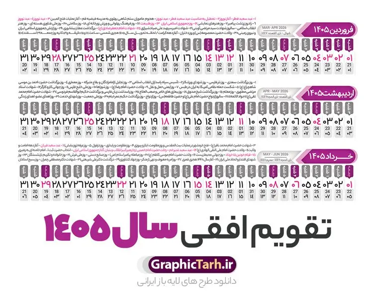 طرح تقویم افقی 1405 خام و قابل ویرایش طرح تقویم افقی 1405 خام و قابل ویرایش | فایل طرح تقویم افقی سال 1405 psd لایه باز و با قابلیت ویرایش دانلود فایل طرح تقویم افقی لایه باز سال 1405 قابل ویرایش و آماده قالب جدول خام تقویم خطی سال ۱۴۰۵ خام با فرمت PSD با قابلیت ویرایش در فتوشاپ همراه با تمامی تعطیلات رسمی و مناسب ها تقویم سال خطی 1405 خام و لایه باز با قابلیت ویرایش جدول تقویم برای هر ماه بصورت مجزا جهت استفاده شما مشترک گرامی و مدیریت زمان، طراحی شده است، فایل تقویم سال هزار و چهارصد و پنج هجری شمسی مناسب برای استفاده در تقویم دیواری و تقویم رومیزی می باشد. طرح تقویم سال ۱۴۰۵ که هر فصل دارای رنگ مناسب است. دانلود طرح جدول افقی تقویم 1405 بصورت خطی طرح تقویم خام 1405 لایه باز بصورت افقی و خطی با فرمت psd و قابل ویرایش در فتوشاپ ، با رزولوشن 300 و قابل تغییر سایز است. تقویم لایه باز سال 1405 بصورت 12 فایل که برای هر ماه است. مناسب برای استفاده در تقویم دیواری و تقویم رومیزی و ... می باشد. طرح تقویم افقی 1405 خام و قابل ویرایش شما می توانید با خرید اشتراک نمونه طرح تقویم 1405 را بصورت رایگان و با کیفیت چاپی دانلود کنید. گرافیک طرح مرجع تخصصی طرح های لایه باز با کیفیت و ایرانی جهت اطلاع از جدیدترین طرح های سایت و دانلود رایگان ، در کانال تلگرام گرافیک طرح عضو شوید. دانلود تقویم سال 1405 خام و قابل ویرایش تقویم لایه باز سال 1405 ، چندین بار ویرایش شده است و جهت اطمینان خاطر بیشتر می توانید به سایت : مرکز تقویم موسسه ژئوفیزیک دانشگاه تهران به آدرس « www.calendar.ut.ac.ir » مراجعه و فایل pdf تقویم 1405 را دریافت و بررسی نمایید. لطفا قبل از چاپ در تعداد بالا ، تقویم را کامل بررسی و سپس اقدام به چاپ کنید. در صورت بروز اشتباه در تقویم ، هیچ مسئولیتی متوجه گرافیک طرح نمی باشد. فایل pdf تقویم رسمی کشور شمسی و تقویم رسمی کشور و دانلود رایگان تقویم ژئوفیزیک دانشگاه تهران و عکس تقویم ژئوفیزیک دانشگاه تهران دانلود طرح تقویم خام سال 1405 , جدول تقویم افقی 405 , دانلود تقویم ۱۴۰۵, تقویم 1405 , psd تقویم 1405 , تقویم 405 psd , تقویم خطی 1405 , تقویم سال 1405 psd , دانلود تقویم سال ۱۴۰۵ , دانلود تقویم 405 , تقویم رومیزی ۱۴۰۵ , تقویم دیواری ۱۴۰۵ , قالب تقویم psd ۱۴۰۵ و لایه باز , تقویم | دانلود تقویم لایه باز سال 1405 فایل خام تقویم سال 1405 خطی و افقی تحویل سال ۱۴۰۵ هجری شمسی روز جمعه، ۲۹ اسفند ۱۴۰۵ ، ساعت ۱۸ و ۱۶ دقیقه مصادف با ۲۰ مارس ۲۰۲۶ میلادی خواهد بود. سال ۱۴۰۵ سال اسب است. دانلود رایگان تقویم pdf سال 1405 , تقویم دیواری , دانلود رایگان تقویم , دانلود جدول تقویم 1405 , فایل آماده تقویم رومیزی ۱۴۰۵ لایه باز و psd نمونه تقویم سال 05 با فرمت psd قابل ویرایش در فتوشاپ , تقویم 1405 خطی و افقی , جدول تقویم سال 1405 فتوشاپ