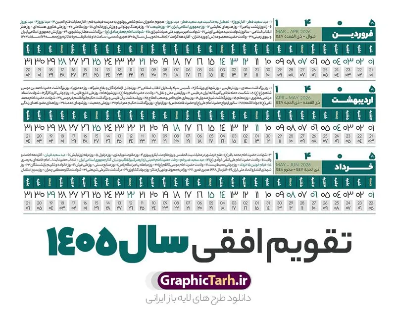 تقویم خطی 1405 خام و لایه باز تقویم خطی 1405 خام و لایه باز | طرح تقویم افقی سال 1405 بصورت خطی و با قابلیت ویرایش دانلود فایل طرح تقویم خطی لایه باز سال 1405 قابل ویرایش و آماده قالب جدول خام تقویم افقی سال ۱۴۰۵ خام با فرمت PSD با قابلیت ویرایش در فتوشاپ همراه با تمامی تعطیلات رسمی و مناسب ها تقویم سال خطی 1405 خام و لایه باز با قابلیت ویرایش جدول تقویم افقی برای هر ماه بصورت مجزا جهت استفاده شما مشترک گرامی و مدیریت زمان، طراحی شده است، فایل تقویم سال هزار و چهارصد و پنج هجری شمسی مناسب برای استفاده در تقویم دیواری و تقویم رومیزی می باشد. طرح تقویم سال ۱۴۰۵ که هر فصل دارای رنگ مناسب است. دانلود طرح جدول افقی تقویم 1405 بصورت خطی طرح تقویم خام 1405 لایه باز بصورت افقی و خطی با فرمت psd و قابل ویرایش در فتوشاپ ، با رزولوشن 300 و قابل تغییر سایز است. تقویم لایه باز سال 1405 بصورت خطی و 12 فایل که برای هر ماه است. مناسب برای استفاده در تقویم دیواری و تقویم رومیزی و ... می باشد. نمونه طرح تقویم افقی 1405 خام و قابل ویرایش شما می توانید با خرید اشتراک نمونه طرح تقویم 1405 را بصورت رایگان و با کیفیت چاپی دانلود کنید. گرافیک طرح مرجع تخصصی طرح های لایه باز با کیفیت و ایرانی جهت اطلاع از جدیدترین طرح های سایت و دانلود رایگان ، در کانال تلگرام گرافیک طرح عضو شوید. دانلود تقویم سال 1405 خام و قابل ویرایش تقویم لایه باز سال 1405 ، چندین بار ویرایش شده است و جهت اطمینان خاطر بیشتر می توانید به سایت : مرکز تقویم موسسه ژئوفیزیک دانشگاه تهران به آدرس « www.calendar.ut.ac.ir » مراجعه و فایل pdf تقویم 1405 را دریافت و بررسی نمایید. لطفا قبل از چاپ در تعداد بالا ، تقویم را کامل بررسی و سپس اقدام به چاپ کنید. در صورت بروز اشتباه در تقویم ، هیچ مسئولیتی متوجه گرافیک طرح نمی باشد. فایل pdf تقویم رسمی کشور شمسی و تقویم رسمی کشور و دانلود رایگان تقویم ژئوفیزیک دانشگاه تهران و عکس تقویم ژئوفیزیک دانشگاه تهران دانلود طرح تقویم خام سال 1405 , جدول تقویم افقی 405 , دانلود تقویم ۱۴۰۵, تقویم 1405 , psd تقویم 1405 , تقویم 405 psd , تقویم خطی 1405 , تقویم سال 1405 psd , دانلود تقویم سال ۱۴۰۵ , دانلود تقویم 405 , تقویم رومیزی ۱۴۰۵ , تقویم دیواری ۱۴۰۵ , قالب تقویم psd ۱۴۰۵ و لایه باز , تقویم | دانلود تقویم لایه باز سال 1405 فایل خام تقویم سال 1405 خطی و افقی تحویل سال ۱۴۰۵ هجری شمسی روز جمعه، ۲۹ اسفند ۱۴۰۵ ، ساعت ۱۸ و ۱۶ دقیقه مصادف با ۲۰ مارس ۲۰۲۶ میلادی خواهد بود. سال ۱۴۰۵ سال اسب است. دانلود رایگان تقویم pdf سال 1405 , تقویم دیواری , دانلود رایگان تقویم , دانلود جدول تقویم 1405 , فایل آماده تقویم رومیزی ۱۴۰۵ لایه باز و psd نمونه تقویم سال 05 با فرمت psd قابل ویرایش در فتوشاپ , تقویم 1405 خطی و افقی , جدول تقویم سال 1405 فتوشاپ