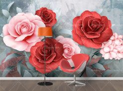 دانلود فایل پوستر دیواری سه بعدی طرح گل های رز قرمز و صورتی برجسته