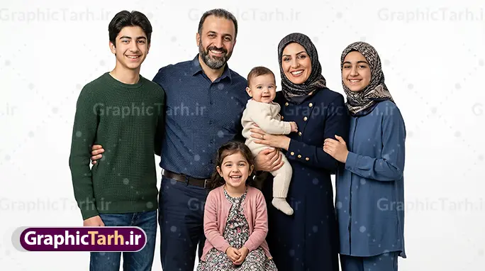 عکس هوش مصنوعی خانواده پرجمعیت ایرانی با پس زمینه سفید