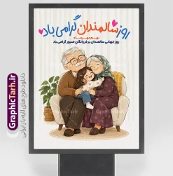 طرح پوستر لایه باز روز سالمندان با تصویرسازی سالمند | نمونه طرح لایه باز بنر گرامیداشت روز سالمندان با تصویرسازی سالمند و قابلیت ویرایش مناسب چاپ پوستر دانلود فایل طرح لایه باز بنر 9 مهر روز جهانی سالمند و پوستر گرامیداشت هفته ملی سالمندان با تصویرسازی سالمند و قابلیت ویرایش طرح لایه باز پوستر و بنر روز جهانی سالمندان (نهم مهرماه) طرح پوستر لایه باز روز سالمندان، یک اثر گرافیکی بسیار دلنشین، صمیمی و باکیفیت است که توسط تیم طراحی سایت تخصصی گرافیک طرح جهت گرامیداشت مقام و منزلت سالمندان و فرزانگان عزیز طراحی و آماده‌سازی شده است. این طرح زیبا به مناسبت نهم مهر ماه (روز جهانی سالمندان) انتخابی فوق‌العاده برای تبلیغات محیطی، استندهای شهری، پوسترهای چاپی و اطلاع‌رسانی در ارگان‌ها، مراکز توانبخشی، خانه‌های سالمندان و شبکه‌های اجتماعی می‌باشد. مشخصات و ویژگی‌های طرح لایه باز روز سالمند فرمت فایل: PSD (فتوشاپ به صورت کاملاً لایه باز و سازمان‌یافته) طراحی اختصاصی: توسط طراحان سایت گرافیک طرح (GraphicTarh.ir) موضوع و تصویرسازی: تصویرسازی گرم و احساسی از پدربزرگ و مادربزرگ مهربان به همراه نوه خردسال در فضایی آرام و خانوادگی تایپوگرافی و کالیگرافی زیبا: درج عبارت برجسته و زیبای «روز سالمندان گرامی باد» به همراه متن «نهم مهرماه؛ روز جهانی سالمندان بر فرزانگان صبور گرامی باد» کیفیت و رزولوشن: کیفیت فوق‌العاده بالا با مود رنگی استاندارد چاپ (CMYK / 300 DPI) مناسب برای چاپ افست، دیجیتال و پلات قابلیت ویرایش کامل: دسترسی آسان به تمامی لایه‌ها شامل تغییر متن، جابجایی عناصر، تغییر فونت و اصلاح رنگ‌بندی بر اساس نیاز شما توضیحات مفهومی و بصری طرح روز گرامیداشت سالمندان در این طرح لایه باز از وب‌سایت گرافیک طرح، از رنگ‌های گرم، ملایم و صمیمی بهره گرفته شده است تا حس احترام، محبت، آرامش و پیوند خانوادگی میان نسل‌ها را به بهترین شکل ممکن انتقال دهد. پس‌زمینه راه‌راه خنثی در کنار المان‌های طبیعی (گلدان و کاناپه راحتی) جلوه‌ای شیک و مدرن به پوستر بخشیده که علاوه بر چاپ به عنوان پوستر و بنر روز تکریم سالمندان، برای استفاده در بیلبوردهای شهری، لمپوست‌ها و پست‌های اینستاگرامی نیز کاملاً مناسب است. کاربردهای طرح بنر روز سالمندان چاپ بیلبوردها، بنرهای استندی و پلاکارد روز جهانی سالمند در سطح شهر و معابر عمومی استفاده در بیمارستان‌ها، مراکز درمانی، خانه‌های سالمندان و فرهنگسراها طراحی استوری و پست‌های مناسبتی اینستاگرام و کانال‌های اطلاع‌رسانی استفاده در همایش‌ها و برنامه‌های تجلیل و تکریم از بازنشستگان و فرزانگان روز سالمند، طرح لایه باز روز سالمند، گرافیک طرح، نهم مهر ماه، پوستر سالمندان، بنر روز جهانی سالمند، تصویرسازی خانواده، طرح psd مناسبتی، تجلیل از سالمندان